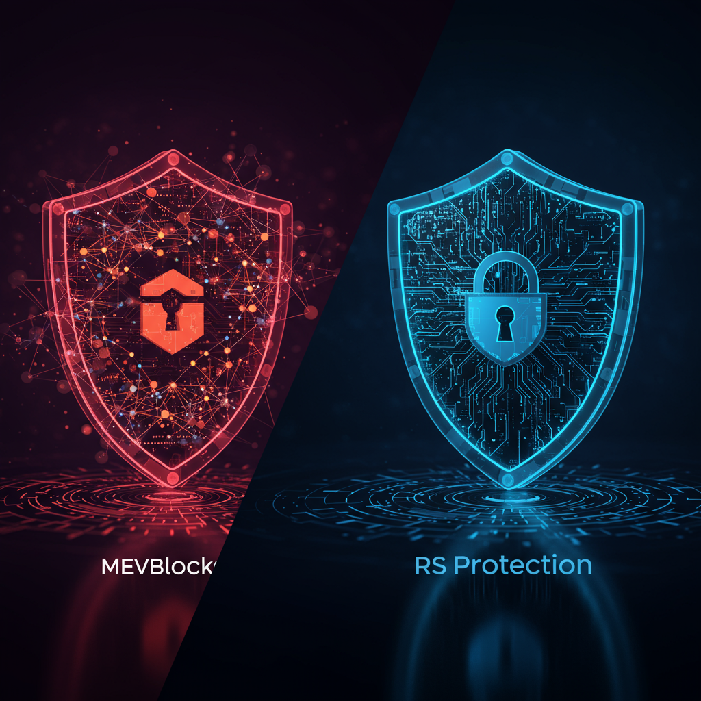 A split-screen image showing two digital shields: one labeled "MEVBlocker" with a blockcha