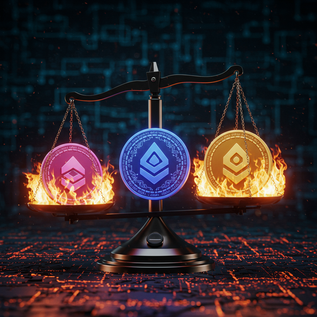 A digital scale balancing three vibrant tokens: BNB, LUNC, and SHIB, surrounded by flames