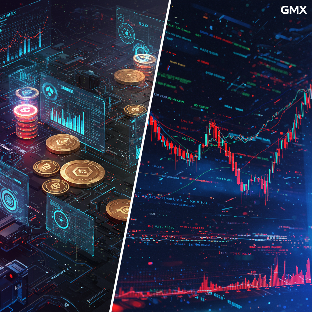A split-screen image showing two vibrant worlds: one depicting Synthetix with digital toke