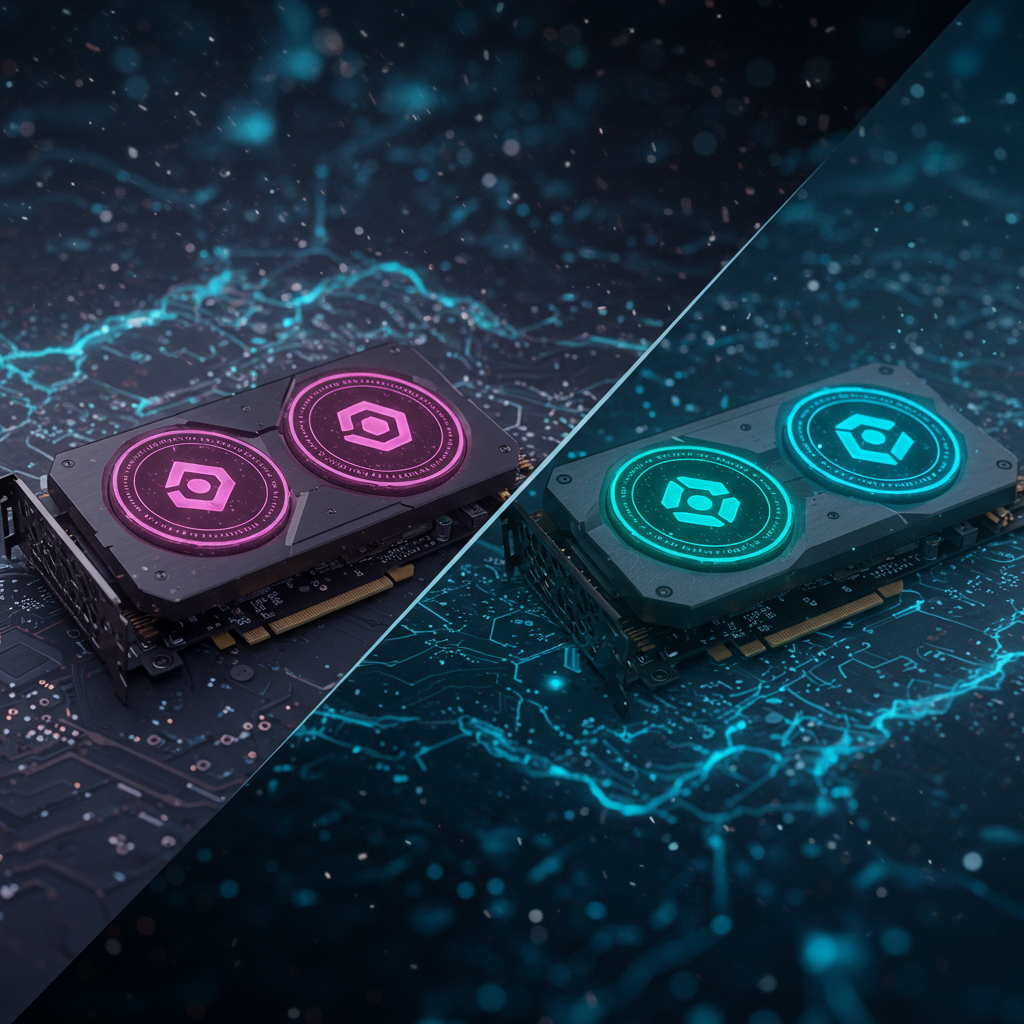 Create a split image showcasing three distinct GPUs, each adorned with unique tokens label