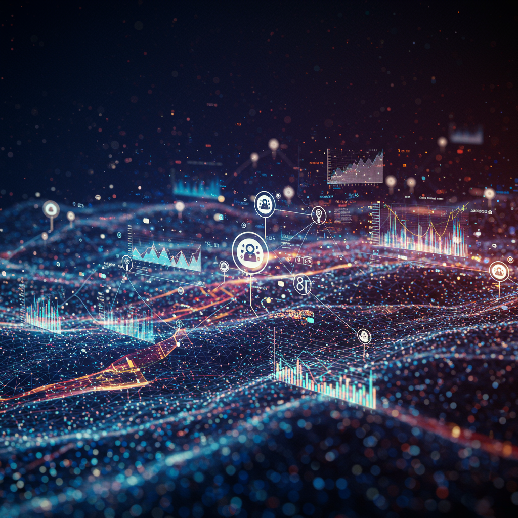 A futuristic network of interconnected nodes glowing in vibrant colors, with symbols of wi