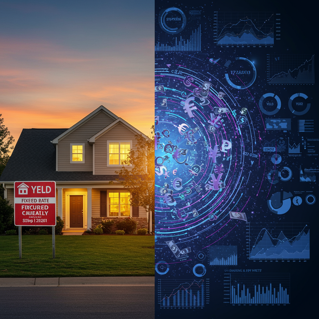 A split image showing two contrasting financial worlds: on one side, a stable home with fi