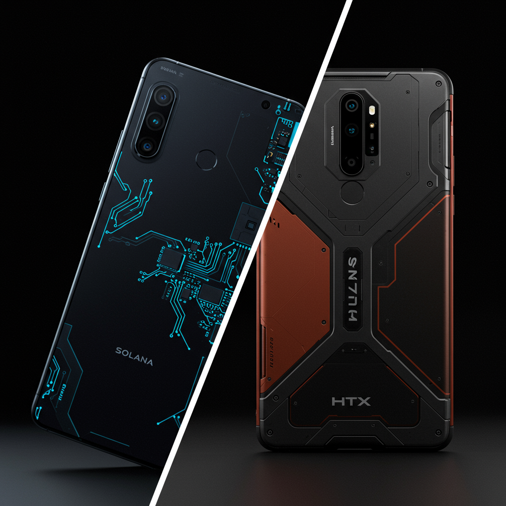 A split-screen image showing a sleek smartphone with Solana Saga branding on one side and