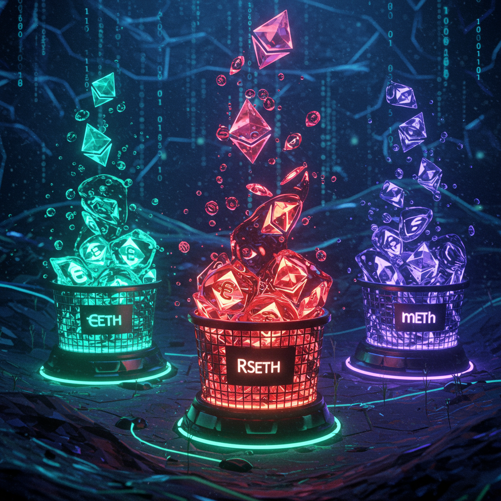 A futuristic digital landscape featuring vibrant liquid Ethereum symbols cascading into th