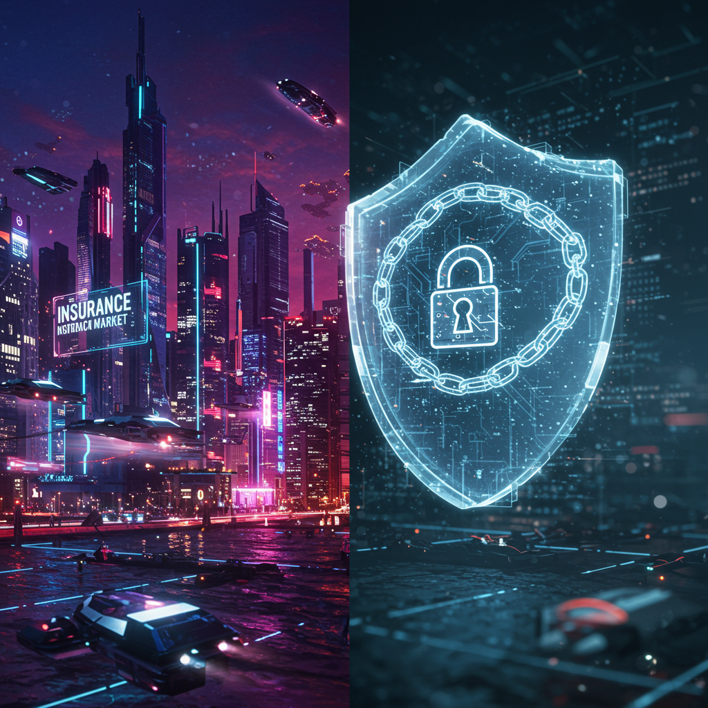 A split scene showing a futuristic insurance market with a digital cityscape on one side,