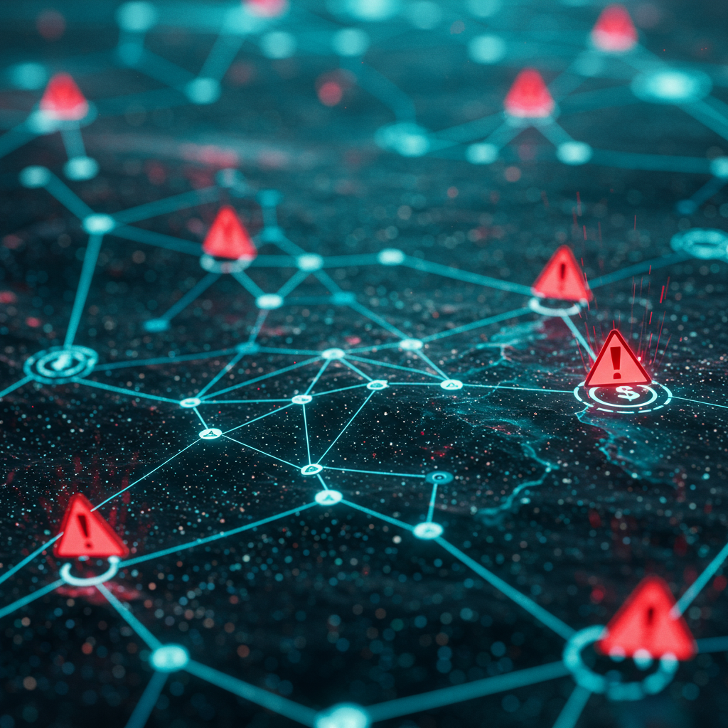 A futuristic digital landscape showing interconnected cosmic networks with glowing nodes,