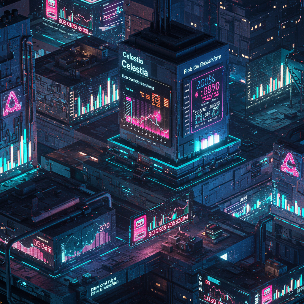 A futuristic blockchain cityscape with layered digital billboards displaying vibrant graph