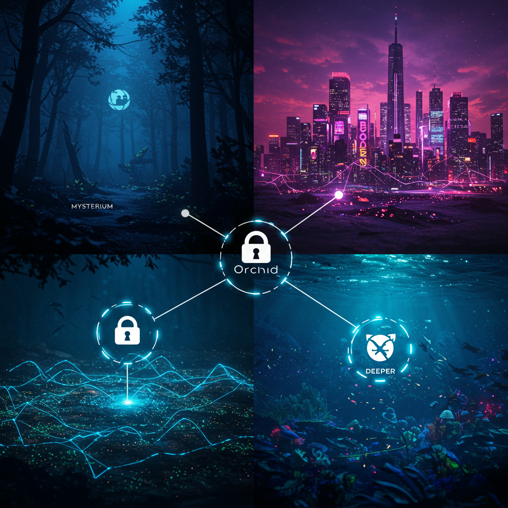 A digital landscape with three distinct VPN nodes: a mysterious forest for Mysterium, a vi