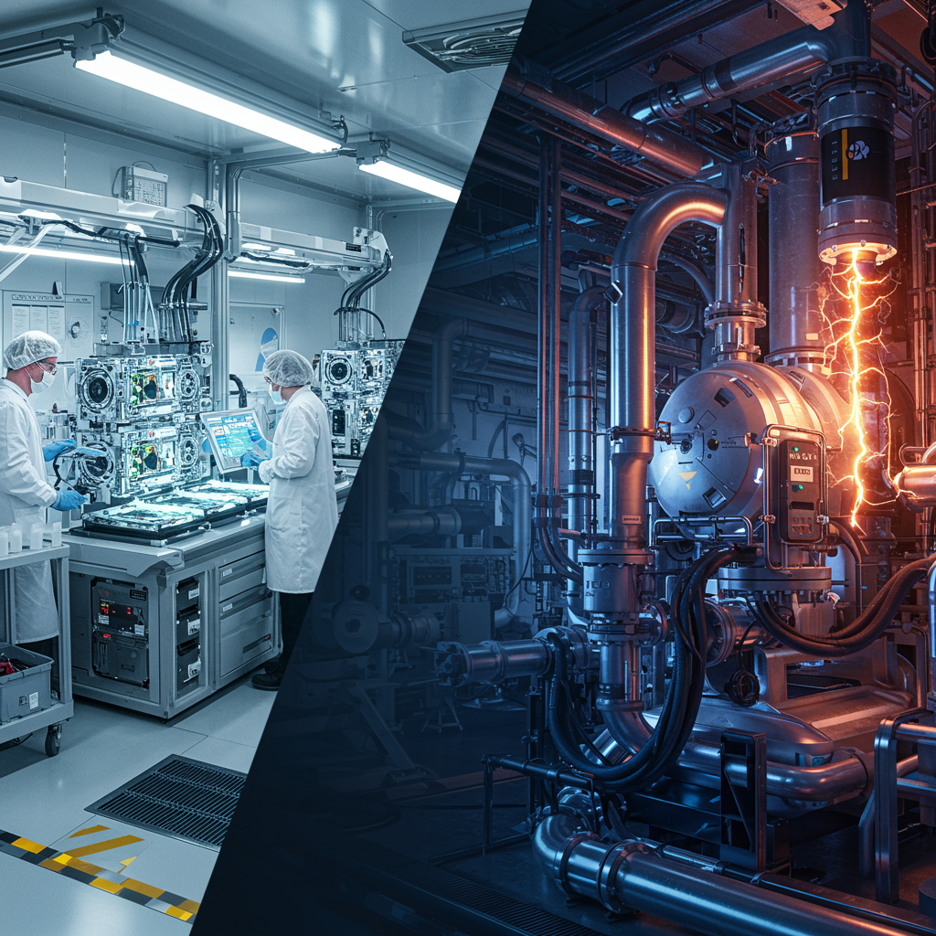 A dynamic split image showing a futuristic lab with modular technology on one side and a s